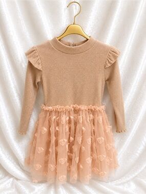 Nicole Miller Peach Knit Bodice Tulle Flower Dress
